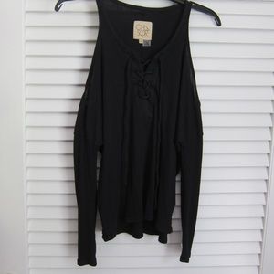 CHASER Ribbed Long Sleeve Cold Shoulder Shirt in Black Tie Up Corset Chest